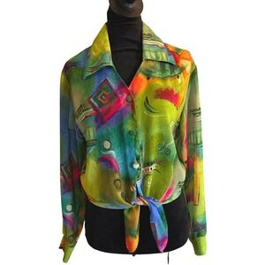 VTG Women's HOT STUFF 80s Green Blouse Tie Top Long Sleeve Collar Printed SZ M